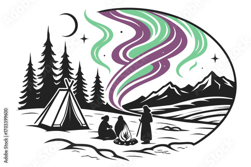 People camping under aurora borealis in snowy mountains.