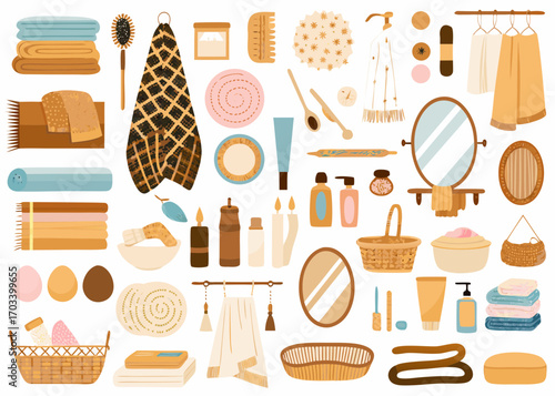 Collection of bathroom and spa items in earthy tones