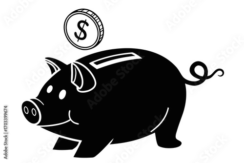Piggy Bank with Dollar Coin Falling.