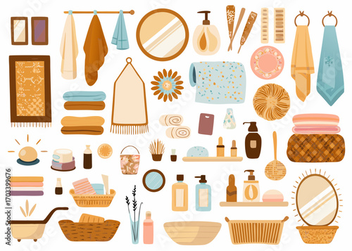 Collection of bathroom accessories and spa items in warm earthy tones