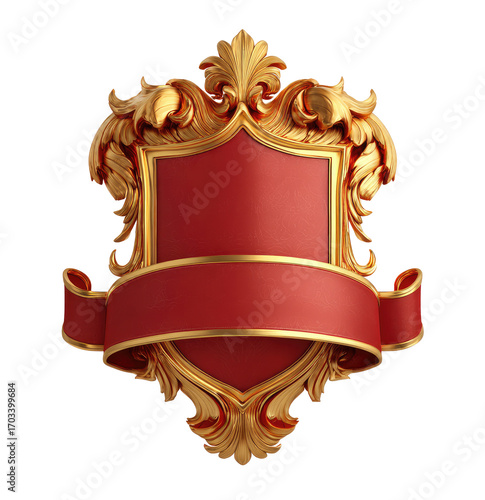 Ornate gold-accented red shield emblem with decorative ribbon