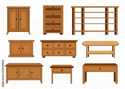 Collection of wooden furniture items including cabinets drawers and shelves