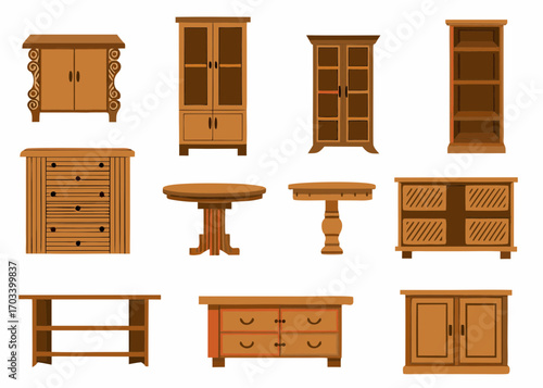 Collection of wooden furniture items in a flat design style