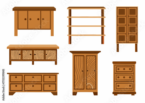 Collection of wooden furniture items including cabinets drawers and shelves