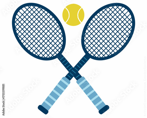 Two crossed tennis rackets and tennis ball isolated on white background