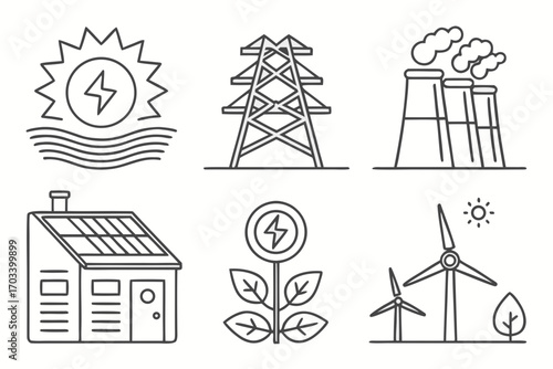 Renewable Energy Sources and Power Generation Icons.