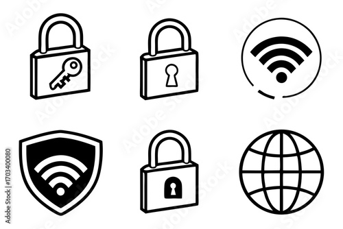 Security and Connectivity Icons Locks WiFi and Globe.