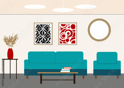 Modern living room with teal sofa and armchair abstract art and round mirror
