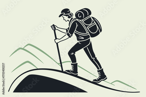 Silhouette of a Hiker Ascending a Mountain Trail.