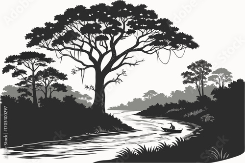 Silhouette of a lone canoeist navigating a winding river through a dense jungle.