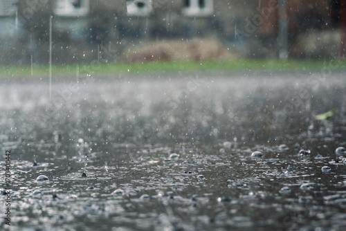 rain in the city, the flow of water along the city street during a downpour, bubbles, drops and splashes during rain