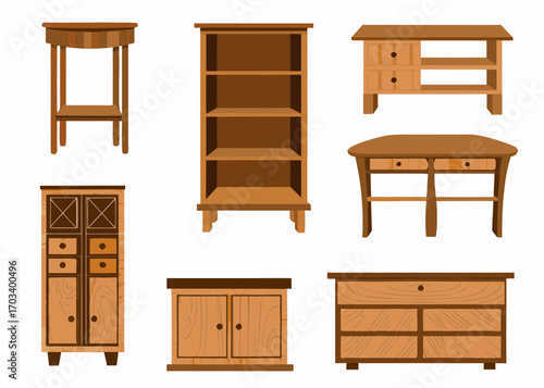 Collection of rustic wooden furniture items on a white background