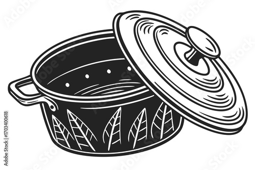 Stylized Black and White Cooking Pot Illustration.