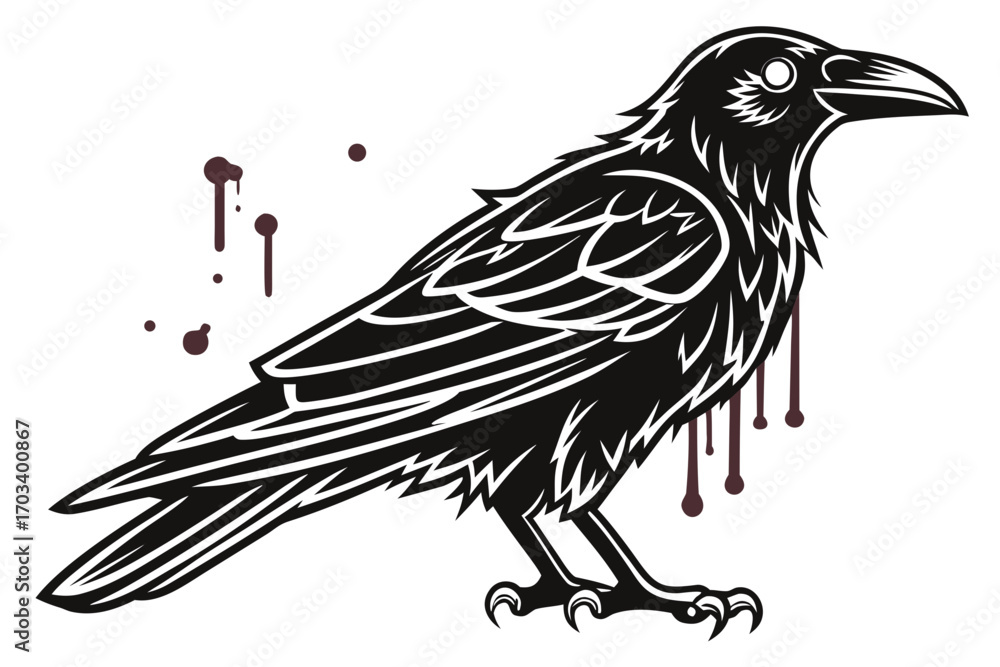 Naklejka premium Stylized Black Raven with Dripping Blood Splatter.