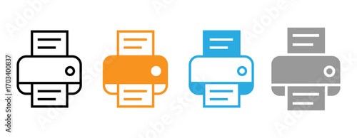 Simple, flat icons of a printer with paper, in black, orange, light-blue, and gray.