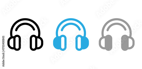 Simple, minimalist icons of headphones in black, light blue, and gray.