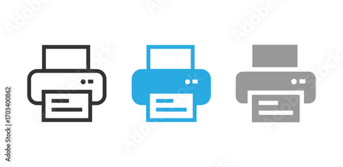 This image features three simple, flat icons of a printer in three different colors (black, light blue, and gray).