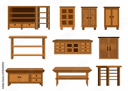 Collection of wooden furniture items including cabinets shelves and tables