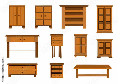 Collection of flat design wooden furniture icons on white background