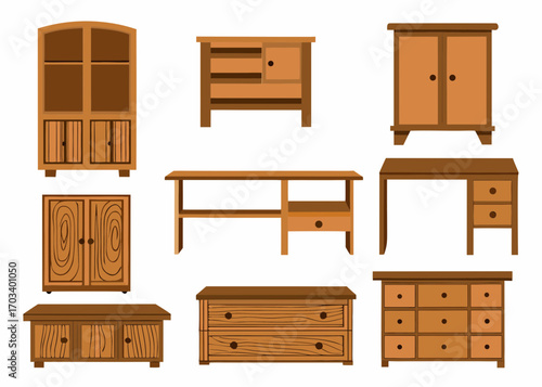 Collection of wooden furniture pieces including cabinets dressers and desks