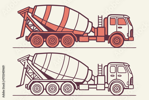 Two Stylized Concrete Mixer Trucks Side View.