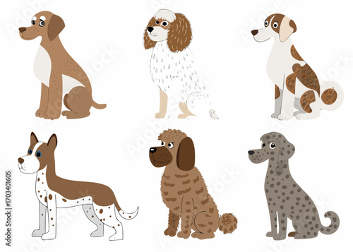 Collection of six cute cartoon dogs with different fur patterns and colors