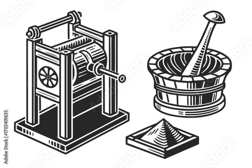 Vintage Industrial Machine and Mortar Pestle.