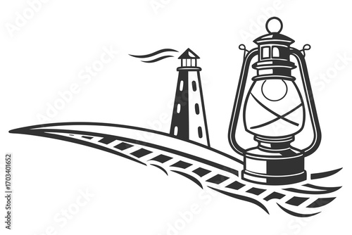 Vintage Lantern and Lighthouse Silhouette.