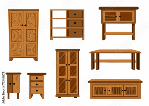 Collection of wooden furniture pieces with a rustic design