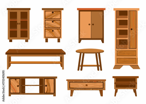 Collection of flat design wooden furniture pieces isolated on white background