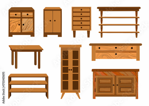 Collection of wooden furniture items including cabinets drawers and shelves