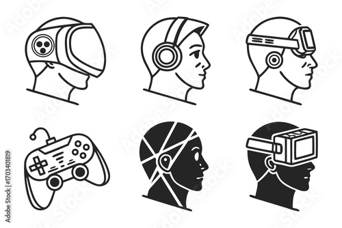 Virtual Reality Headsets and Gaming Controller Icons.