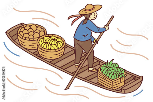 Woman rowing boat with baskets of fruit.