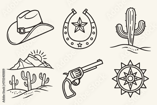 Western Cowboy Elements Collection Line Art 1.