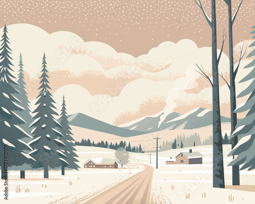 Cozy winter landscape with snowing mountains and houses