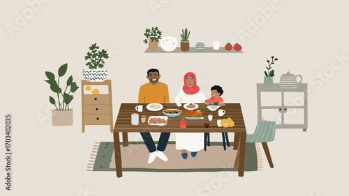 Muslim family enjoying a meal together at a dining table
