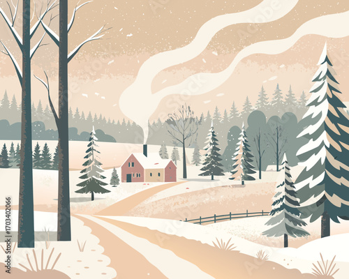 Cozy winter landscape with snow covered houses and trees