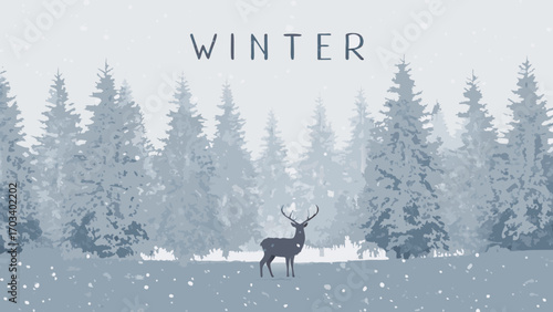 Majestic stag stands alone in snowy winter forest landscape