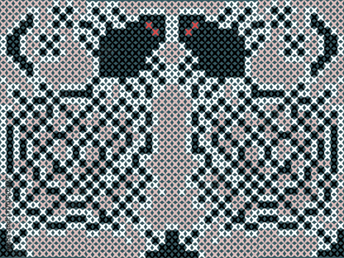 A bold cross-stitch spider motif: a mirrored, ornate spider at center with radiating web textures formed by dense X-stitches. Symmetrical, high-contrast embroidery effect gives a vintage .