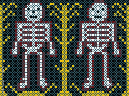 Gothic needlepoint scene: a stylized skeleton beside a twisted, leafless tree, framed by geometric borders and skull accents. Stark, haunting folk-art symmetry with dramatic stitched silhouettes.