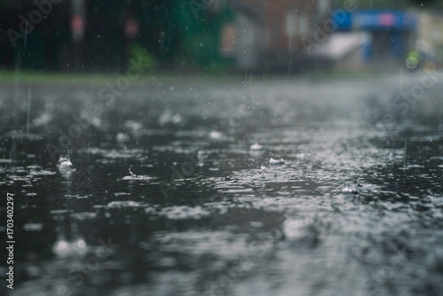 rain in the city, the flow of water along the city street during a downpour, bubbles, drops and splashes during rain