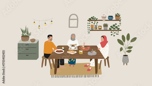 Muslim family enjoying a meal together at a dining table