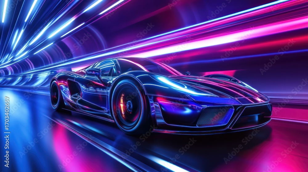 Fototapeta premium A futuristic car racing through a neon-lit tunnel, showcasing speed and modern design.