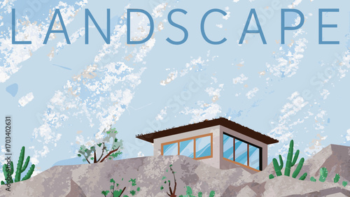 Modern house nestled on a rocky hill under a cloudy sky