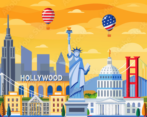 Iconic american landmarks and hot air balloons in a stylized cityscape