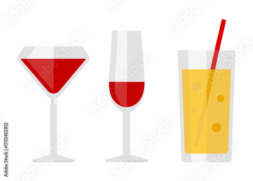 Three different drinks in glasses with white background