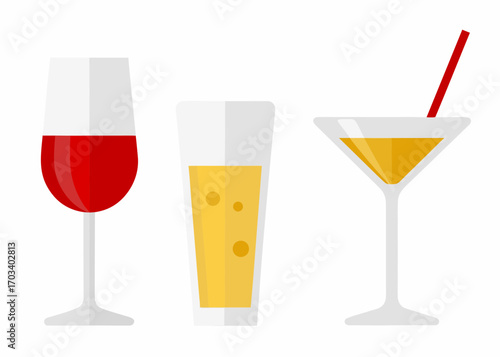 Three different drinks in glasses on a white background
