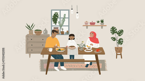 Happy muslim family enjoying a meal together at home