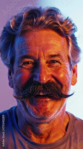Surprised senior man with large curled mustache, expressive Movember character