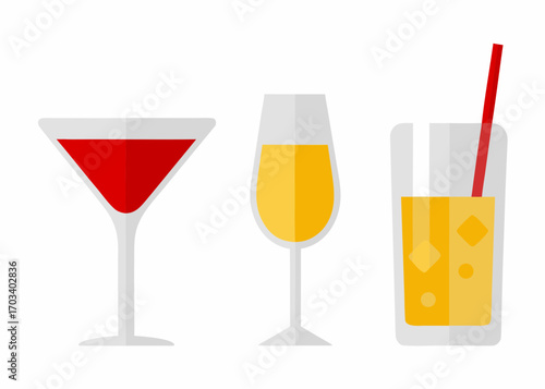 Three different glasses with colorful drinks and a straw